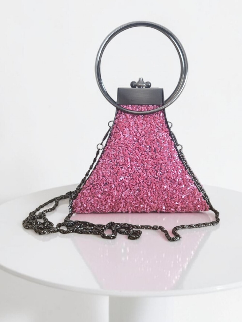 Vintage CEM Pink Crushed Lucite Shard Pyramid Evening Bag - O-Ring Handle